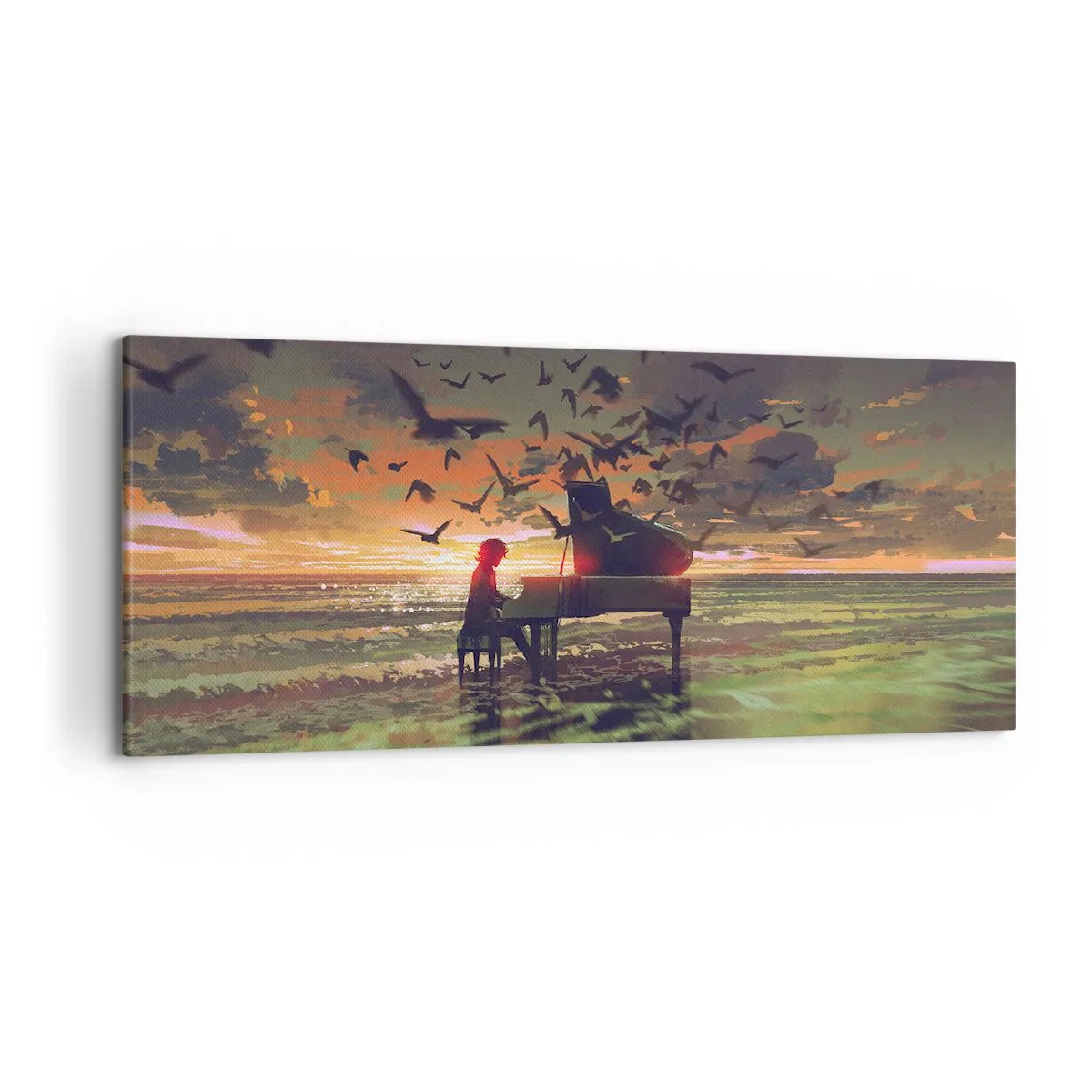 Impression sur toile - Image sur toile - Un piano au bord de la mer au coucher du soleil avec des oiseaux - 120x50cm - Concert pour piano et vagues - Décoration murale moderne pour le salon et la chambre ARTTOR