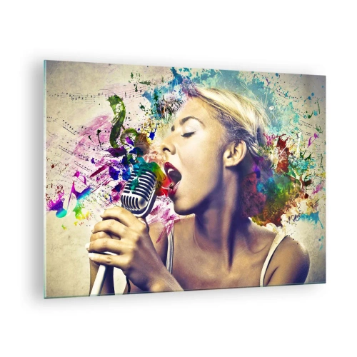 Impression sur verre - Image sur verre - Une composition colorée d'une femme chantant dans un microphone. - 70x50cm - Peindre le monde avec sa voix - Décoration murale moderne pour le salon et la chambre ARTTOR