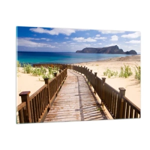 Impression sur verre - Image sur verre - Chemin en bois sur la plage menant à la mer - 120x80cm - Emmène-moi dans les îles du bonheur - Décoration murale moderne pour le salon et la chambre ARTTOR