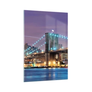 Impression sur verre - Image sur verre - Le pont de Brooklyn la nuit avec la ville illuminée en arrière-plan - 70x100cm - Depuis de nombreuses années le pont de Brooklyn - Décoration murale moderne pour le salon et la chambre ARTTOR