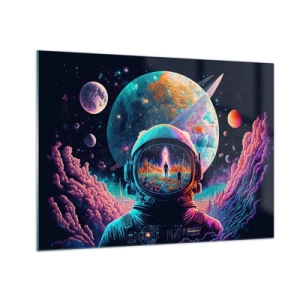 Impression sur verre - Image sur verre - Un paysage spatial avec un astronaute et une planète surréaliste. - 70x50cm - Les philosophes n'en ont pas rêvé - Décoration murale moderne pour le salon et la chambre ARTTOR