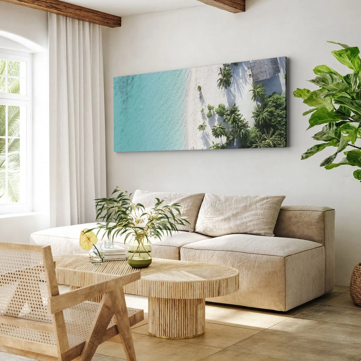 Impression sur toile - Image sur toile - Vue plongeante sur une plage tropicale avec de l'eau turquoise et des palmiers - 120x50cm - Vacances au paradis - Décoration murale moderne pour le salon et la chambre ARTTOR