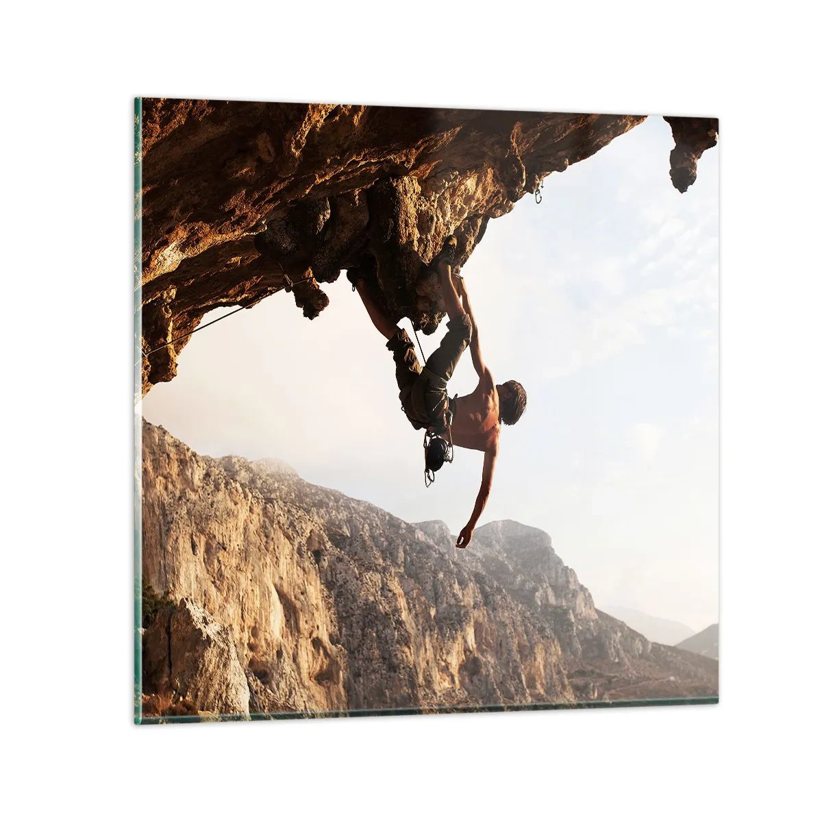 Impression sur verre - Image sur verre - Le monde rétréci dans une main sur une coupe de rocher - 60x60 cm