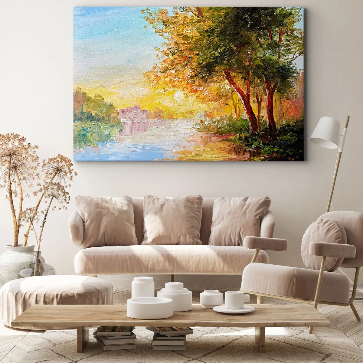 Impression sur toile - Image sur toile - Un paysage pittoresque avec une rivière et des arbres au coucher du soleil - 70x50cm - Et in Arcadia ego - Décoration murale moderne pour le salon et la chambre ARTTOR