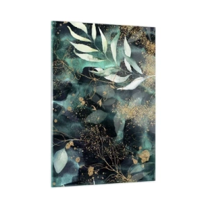 Impression sur verre - Image sur verre - Feuilles dorées et vertes sur fond sombre - 50x70cm - Jardin magique - Décoration murale moderne pour le salon et la chambre ARTTOR