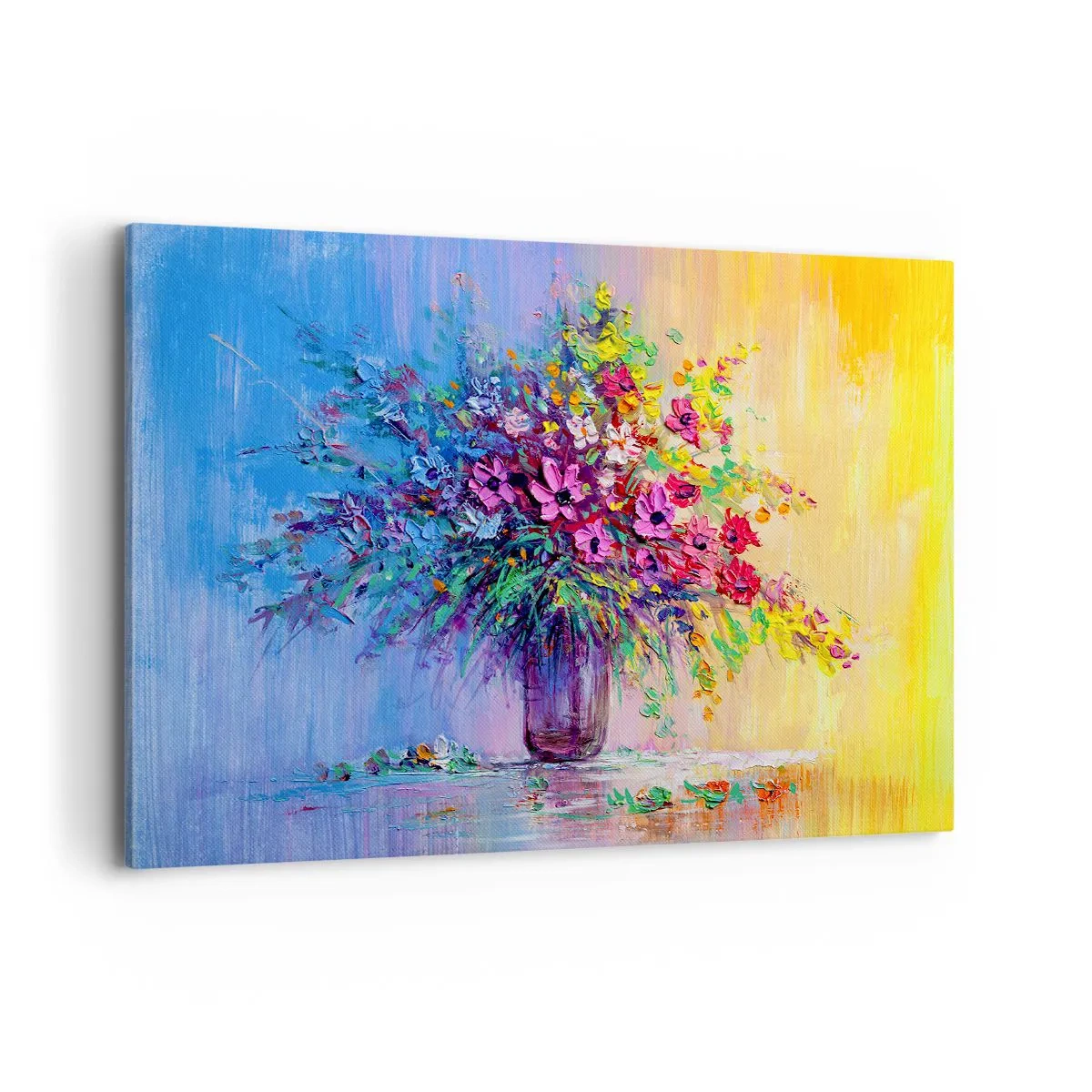 Impression sur toile - Image sur toile - Un bouquet de fleurs colorées dans un vase sur un fond dégradé - 120x80cm - Cadeau d'été de la prairie - Décoration murale moderne pour le salon et la chambre ARTTOR
