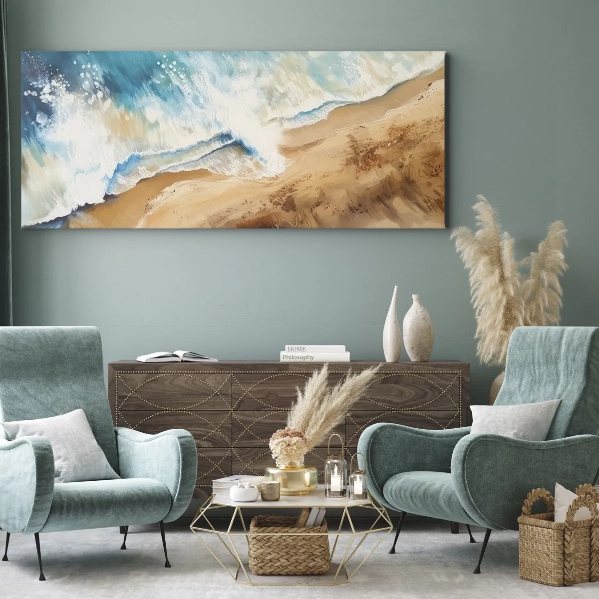 Impression sur toile - Image sur toile - Une vague de mer s'écrasant contre le rivage sablonneux - 160x50cm - La vague qui revient - Décoration murale moderne pour le salon et la chambre ARTTOR