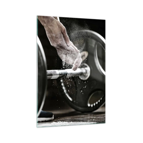 Impression sur verre - Image sur verre - Des haltères et les mains d'un athlète se préparant à l'entraînement - 70x100cm - Défi accepté! - Décoration murale moderne pour le salon et la chambre ARTTOR
