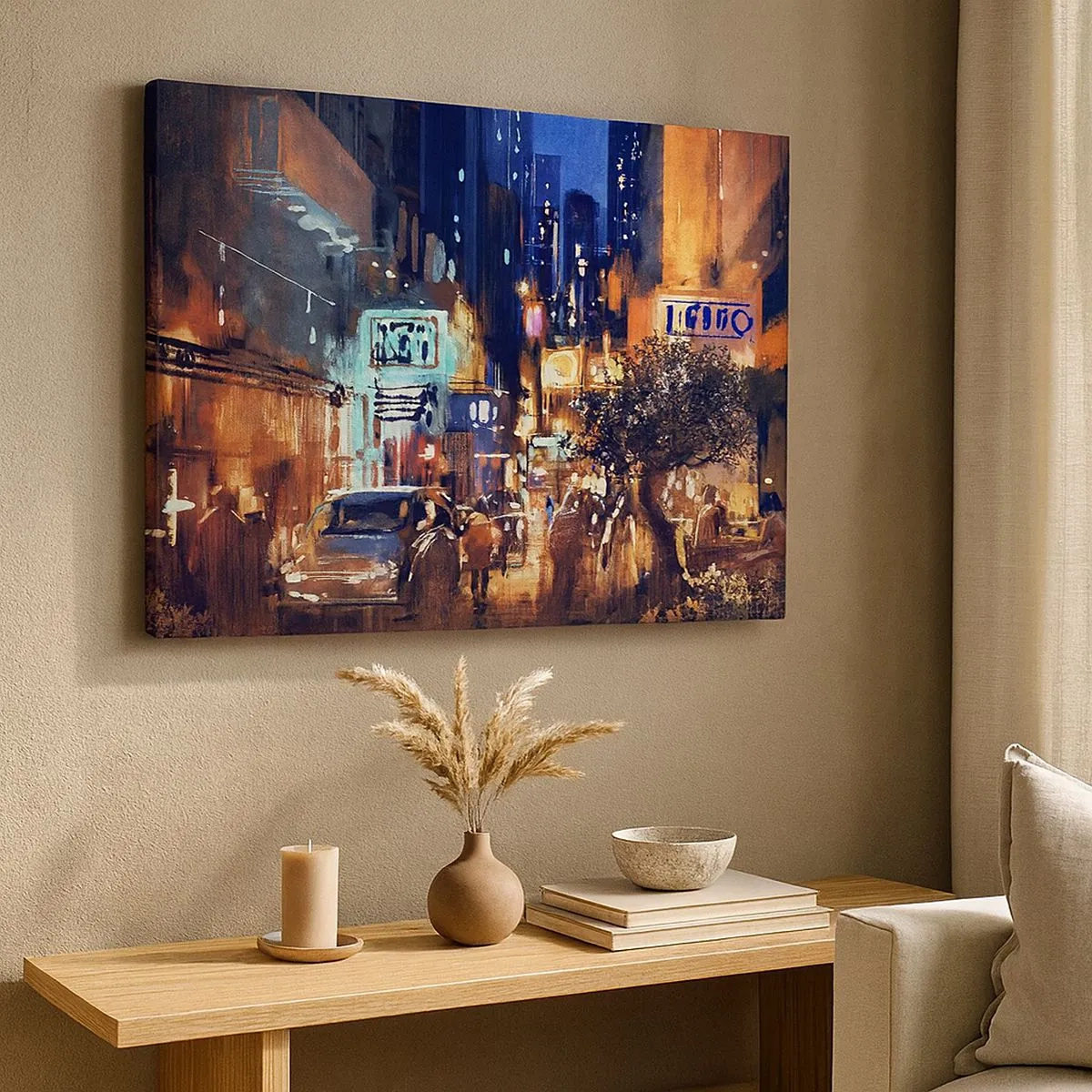 Impression sur toile - Image sur toile - Paysage urbain du soir dans le style impressionniste - 70x50cm - Et la ville ne dort pas - Décoration murale moderne pour le salon et la chambre ARTTOR