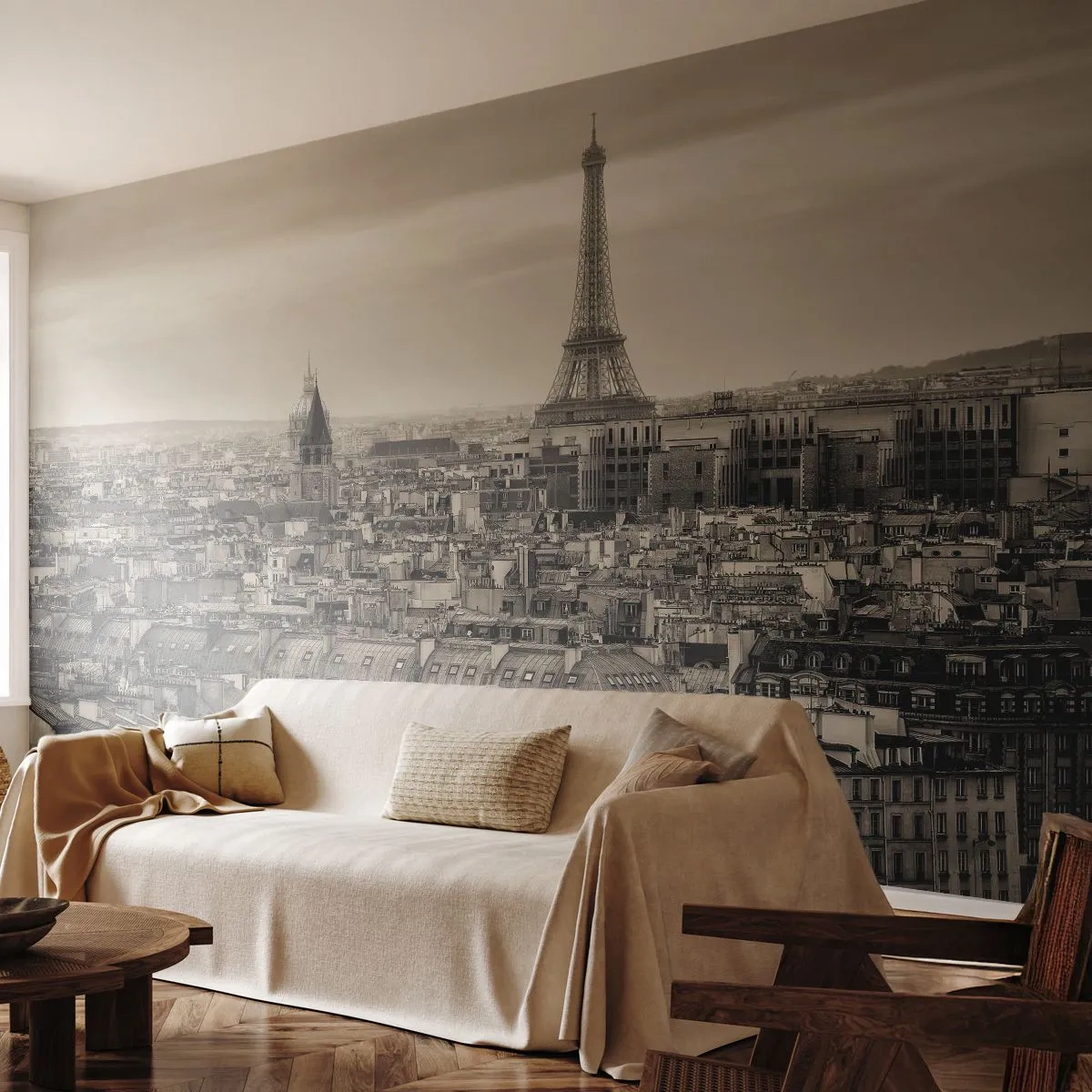 Papier Peint Photo Premium Sand - Panorama de la ville avec une tour aux tons sépia - 100x70cm - Sur les toits de Paris - Décoration murale moderne pour le salon et la chambre ARTTOR