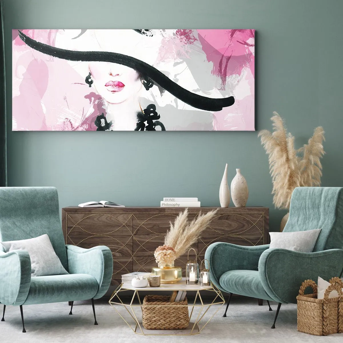 Impression sur toile - Image sur toile - Une femme élégante avec un chapeau sur un fond d'abstractions roses. - 120x50cm - Portrait d'une dame en noir et rose - Décoration murale moderne pour le salon et la chambre ARTTOR