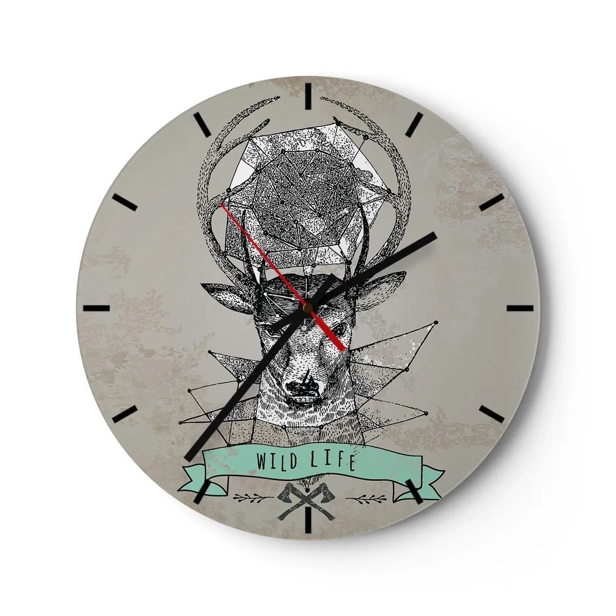 Horloge murale - Pendule murale - Cerf géométrique avec l'inscription Wild Life sur fond gris - 30x30cm - Voir St. Hubertus - Décoration murale moderne pour le salon, la cuisine et la chambre ARTTOR