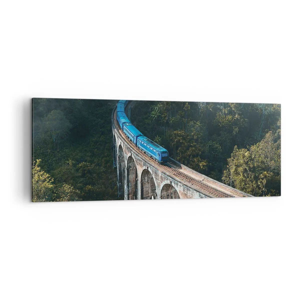 Impression sur toile - Image sur toile - Un train bleu sur un viaduc historique au milieu des forêts - 140x50cm - Train nature - Décoration murale moderne pour le salon et la chambre ARTTOR