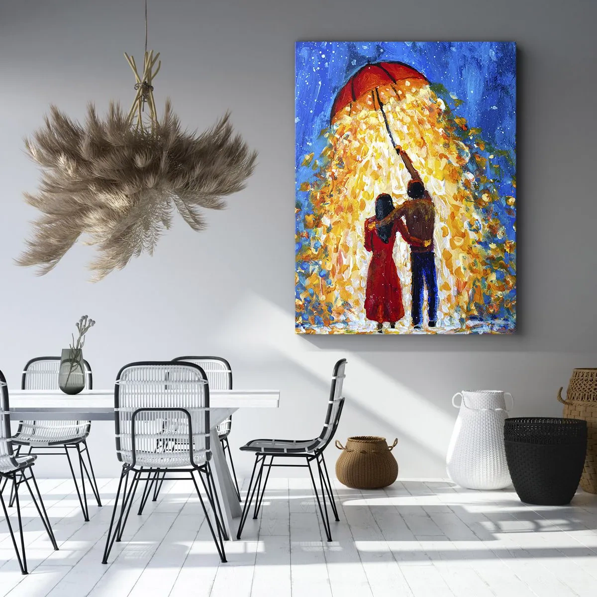 Impression sur toile - Image sur toile - Un couple sous un parapluie rouge sous la pluie lumineuse - 70x100cm - La magie d'une soirée pluvieuse ? - Décoration murale moderne pour le salon et la chambre ARTTOR