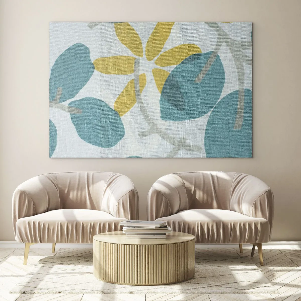 Impression sur verre - Image sur verre - Un graphique végétal avec des feuilles azur et des fleurs jaunes - 120x80cm - Wśród lazurowych liści - Décoration murale moderne pour le salon et la chambre ARTTOR