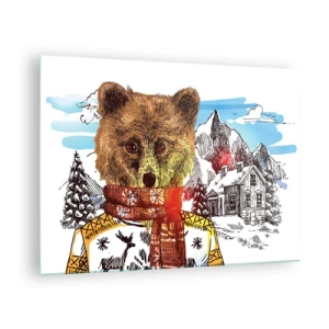 Impression sur verre - Image sur verre - Un ours en pull et écharpe avec des montagnes et une maison en arrière-plan. - 70x50cm - La cabane aux ours - Décoration murale moderne pour le salon et la chambre ARTTOR