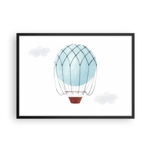 Affiche dans un cadre noir - Poster - Un ballon peint à la main sur fond de nuages délicats. - 70x50cm - Entièrement dans les nuages - Décoration murale moderne pour le salon et la chambre ARTTOR
