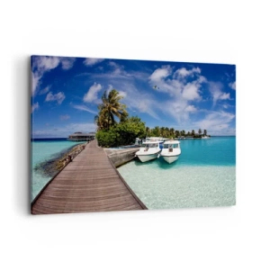 Impression sur toile - Image sur toile - Une jetée sur une mer turquoise avec des bateaux et des palmiers - 120x80cm - Et cependant, le paradis existe bien - Décoration murale moderne pour le salon et la chambre ARTTOR