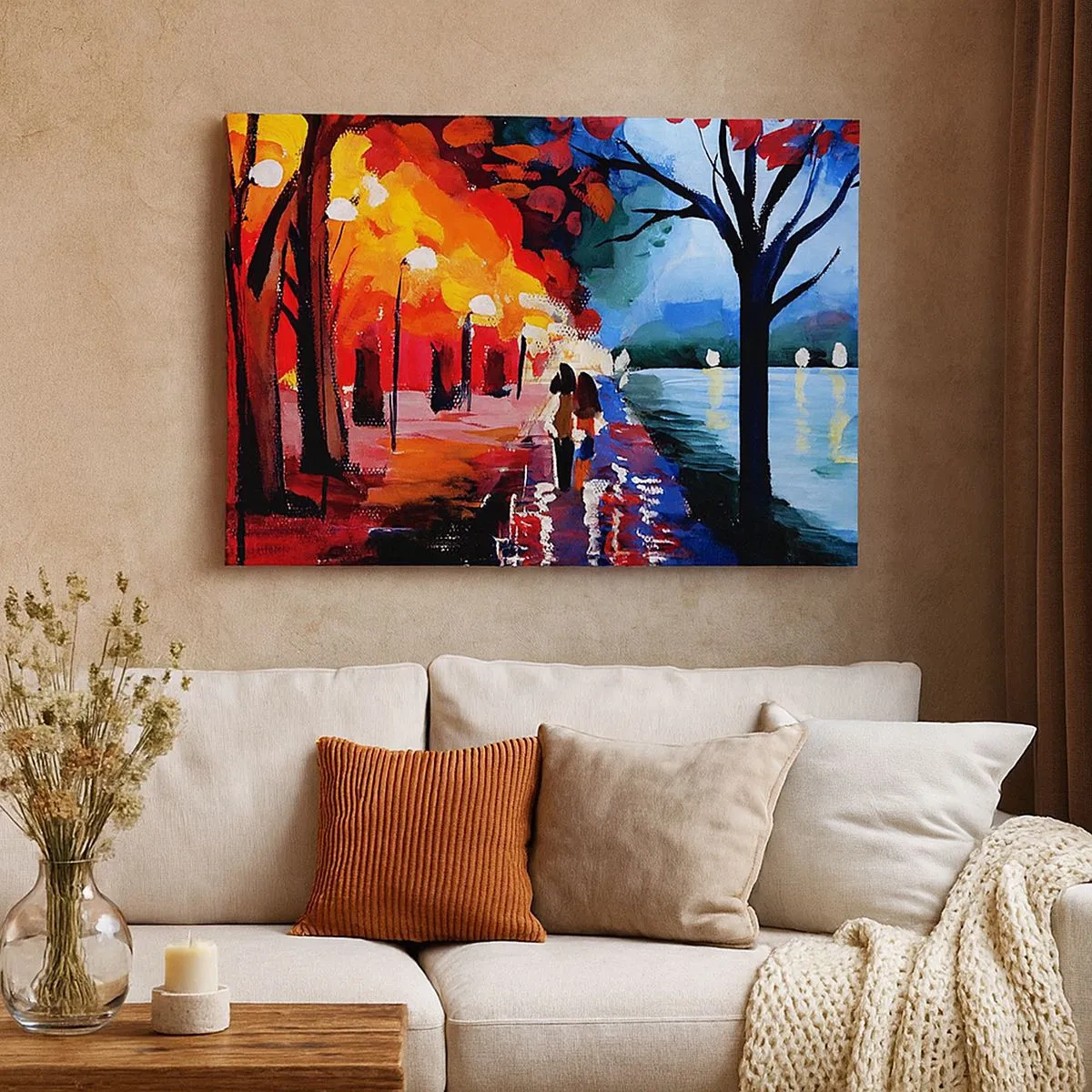 Impression sur toile - Image sur toile - Une promenade d'automne le long du sentier surplombant l'eau - 70x50cm - Automne flamboyant dans le parc - Décoration murale moderne pour le salon et la chambre ARTTOR