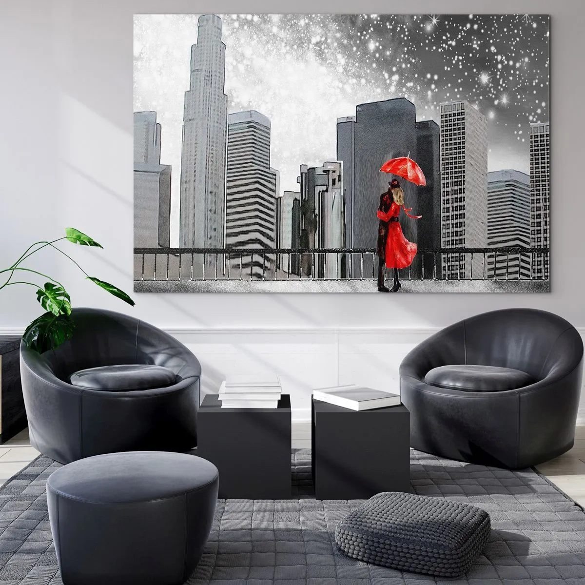 Impression sur verre - Image sur verre - Un couple avec un parapluie rouge debout devant un paysage urbain la nuit - 70x50cm - L'homme n'est pas une pierre - Décoration murale moderne pour le salon et la chambre ARTTOR