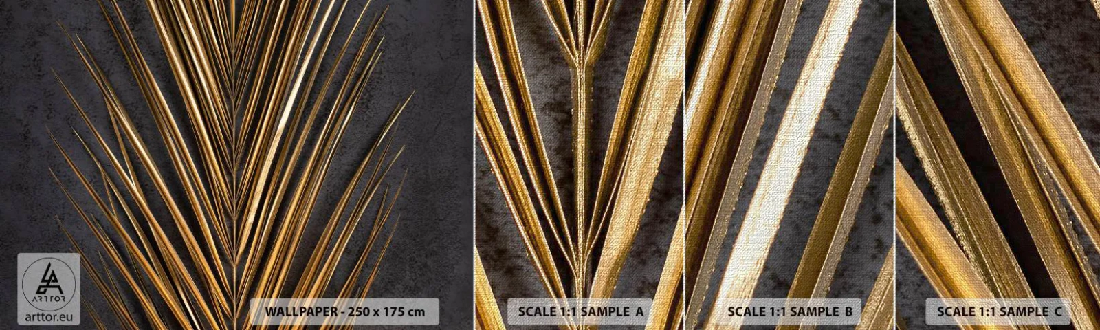 Échantillon de Papier Peint Premium Canvas - L'or des tropiques - Feuille de palmier, Morceau, Abstraction - 100x30 cm