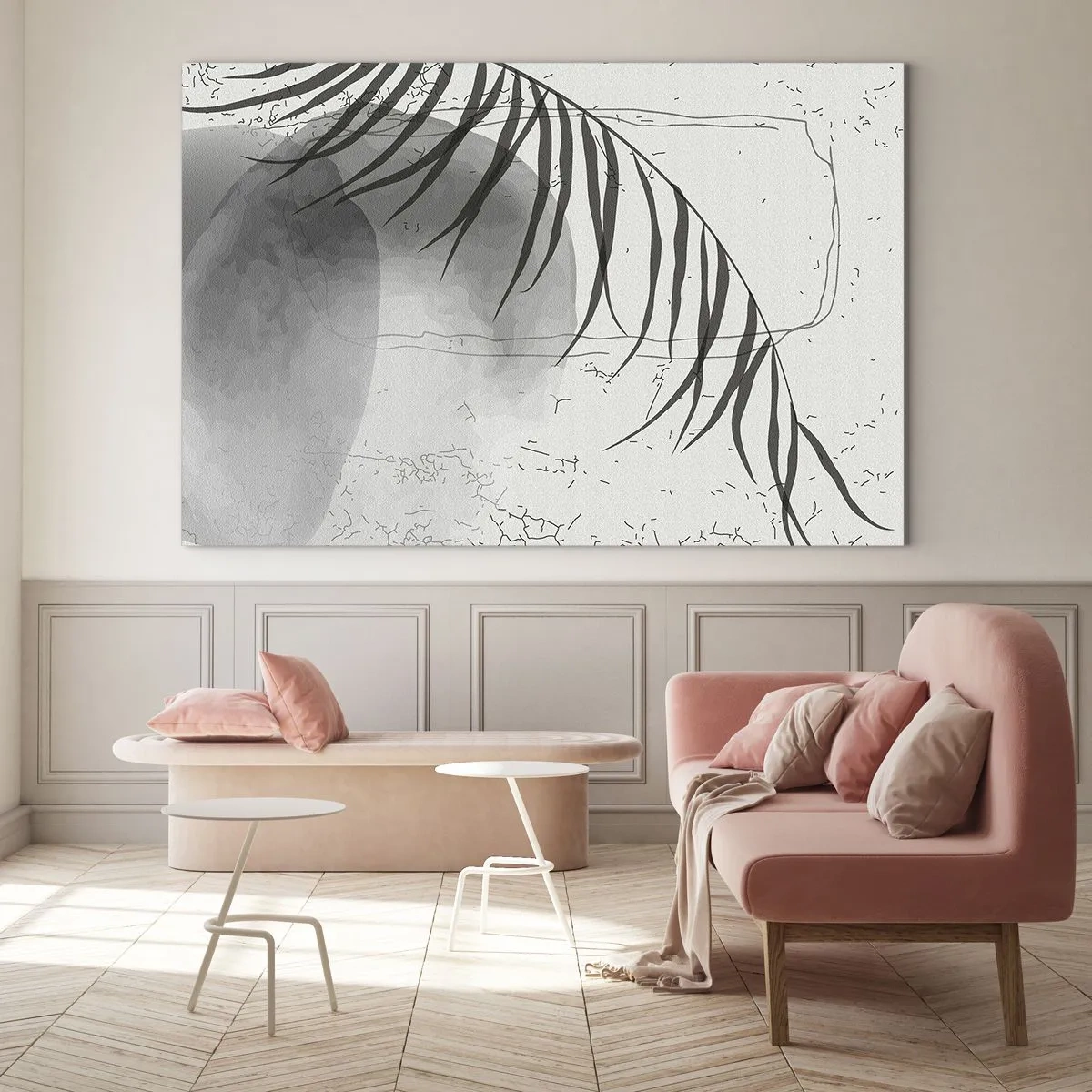 Impression sur verre - Image sur verre - Graphique d'ombre de feuille de palmier en noir et blanc - 120x80cm - L'exotisme subtil de la nature - Décoration murale moderne pour le salon et la chambre ARTTOR