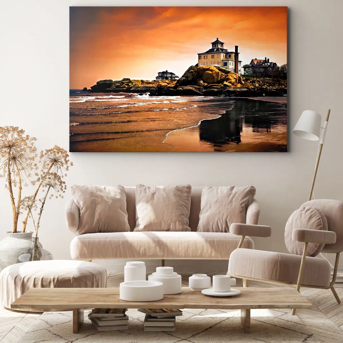 Impression sur toile - Image sur toile - Une maison sur un rocher près de la plage au coucher du soleil avec son reflet dans l'eau - 120x80cm - L'élégance de la côte ouest - Décoration murale moderne pour le salon et la chambre ARTTOR