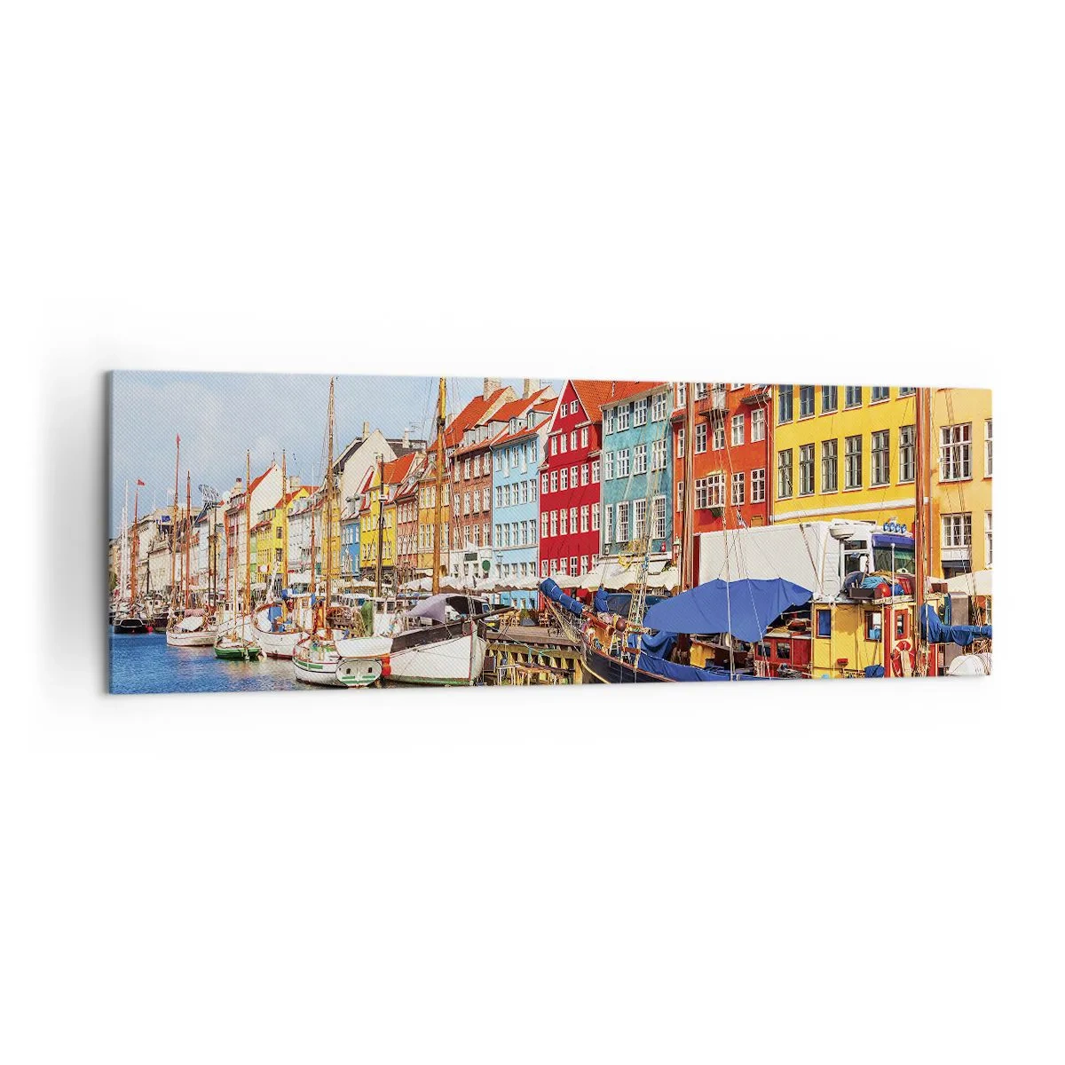 Impression sur toile - Image sur toile - Maisons colorées sur le canal avec des bateaux au soleil - 160x50cm - Quai joyeux - Décoration murale moderne pour le salon et la chambre ARTTOR