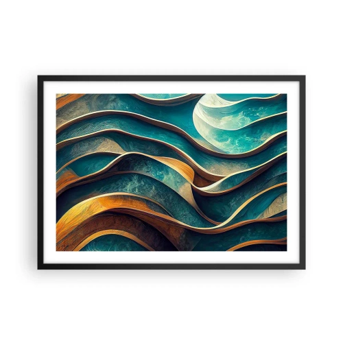 Affiche dans un cadre noir - Poster - Vagues abstraites dans des tons turquoise et or - 70x50cm - Méandres de bleu - Décoration murale moderne pour le salon et la chambre ARTTOR