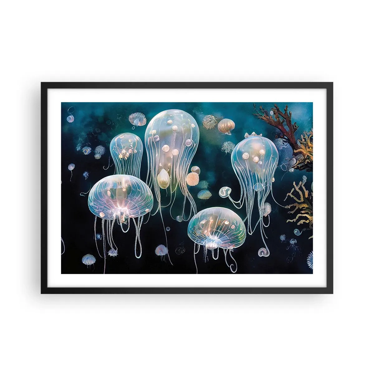 Affiche dans un cadre noir - Poster - Méduses délicates dans le monde sous-marin - 70x50cm - Ballon sous-marin - Décoration murale moderne pour le salon et la chambre ARTTOR