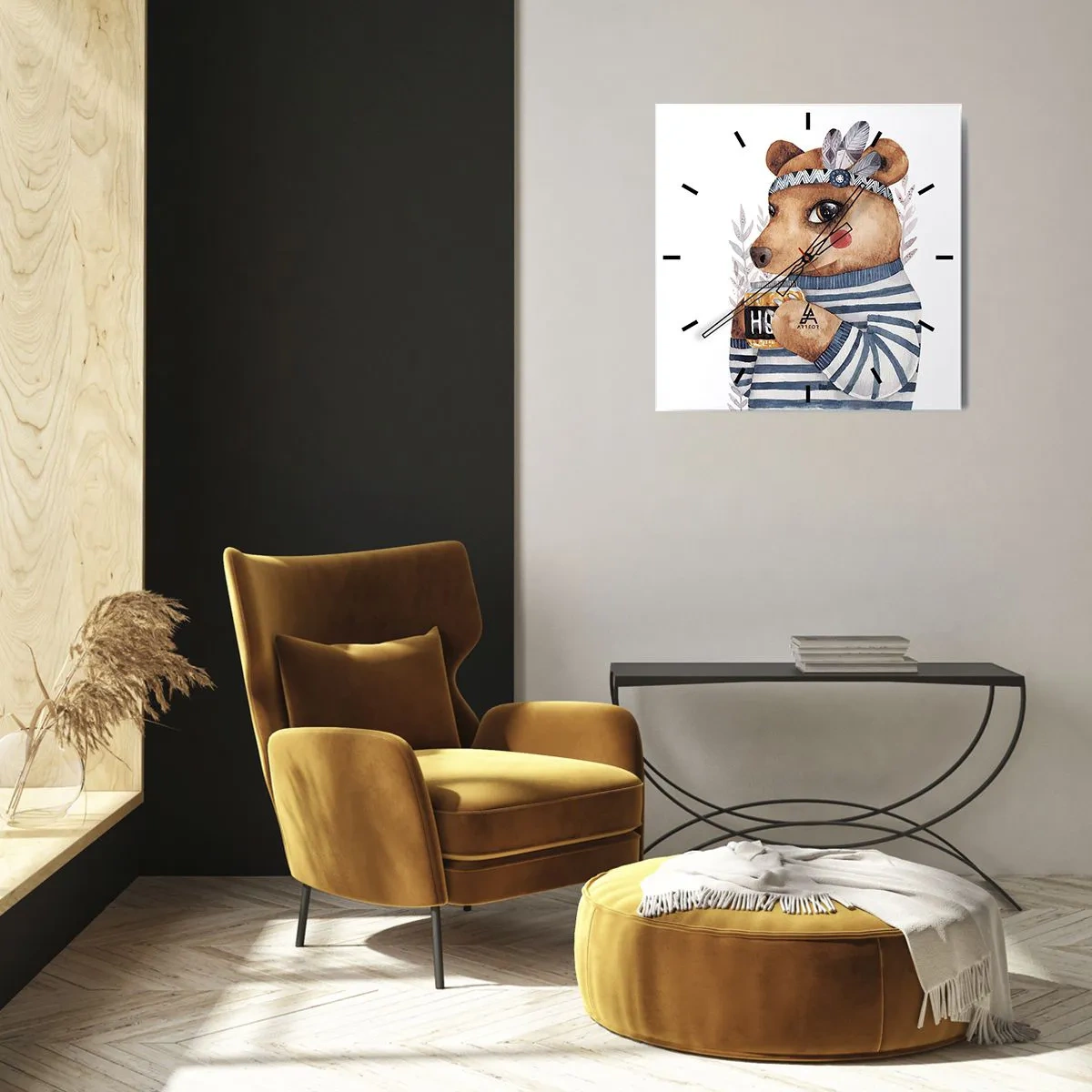 Horloge murale - Pendule murale - Un ours en peluche dans un pull rayé avec une tasse de miel - 30x30cm - Un nounours trop mignon - Décoration murale moderne pour le salon et la chambre ARTTOR