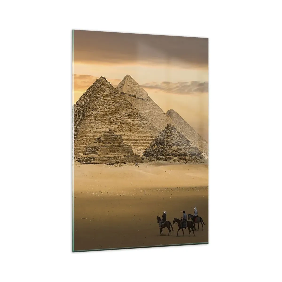 Impression sur verre - Image sur verre - Pyramides d'Égypte au coucher du soleil avec des cavaliers à cheval - 80x120cm - Aucun changement depuis des milliers d'années - Décoration murale moderne pour le salon et la chambre ARTTOR