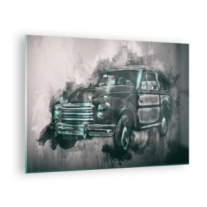 Impression sur verre - Image sur verre - Une vieille voiture aux tons gris et turquoise - 70x50cm - Ancêtre respecté - Décoration murale moderne pour le salon et la chambre ARTTOR