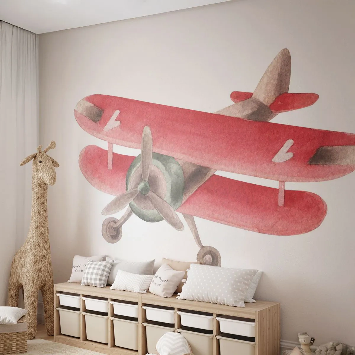 Papier Peint Photo Premium Sand - Biplan rétro rouge sur fond blanc - 100x70cm - Prêt pour les hauts vols - Décoration murale moderne pour le salon et la chambre ARTTOR