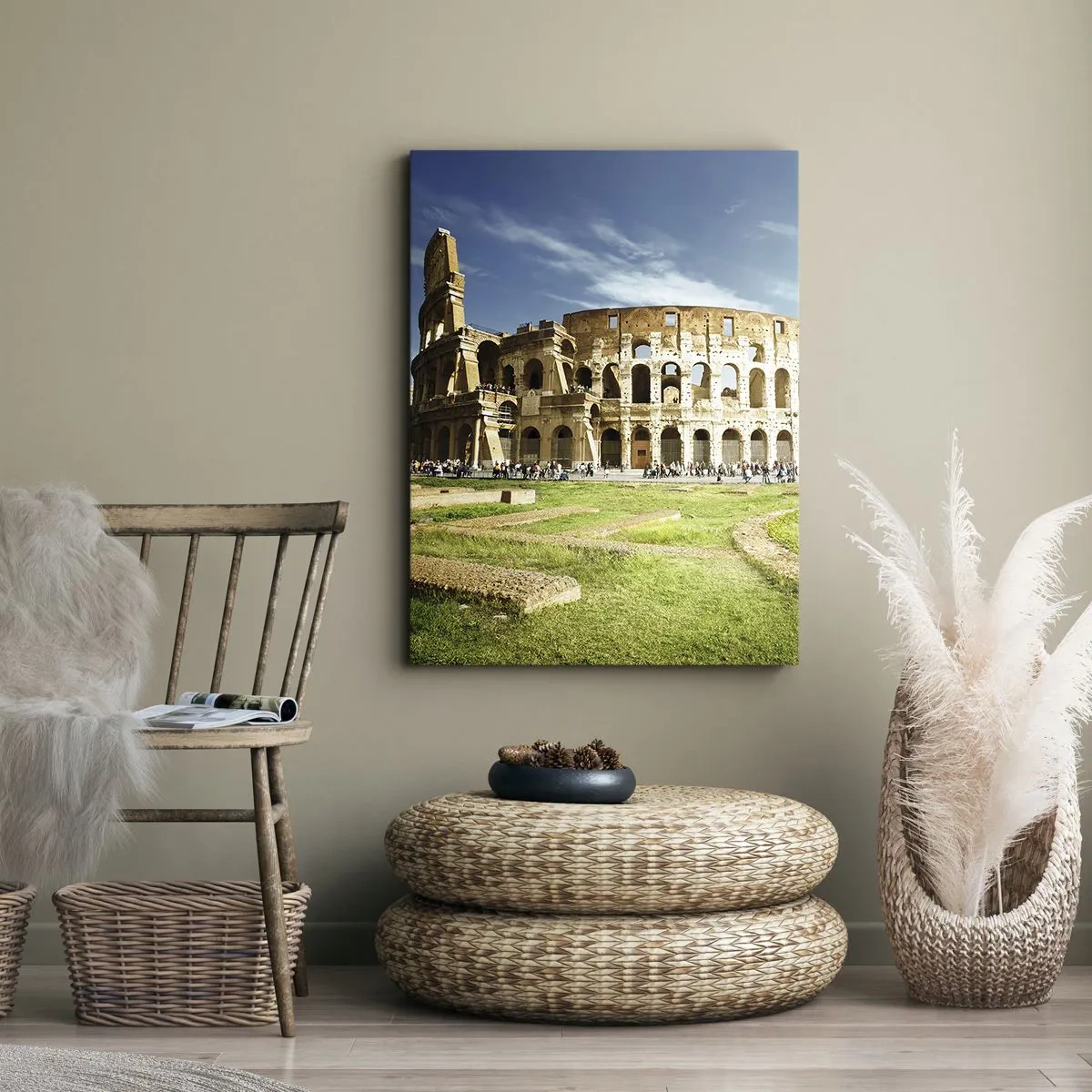 Impression sur toile - Image sur toile - Le Colisée de Rome entouré de verdure et de ciel bleu - 80x120cm - On entend encore la détonation de l'arme - Décoration murale moderne pour le salon et la chambre ARTTOR