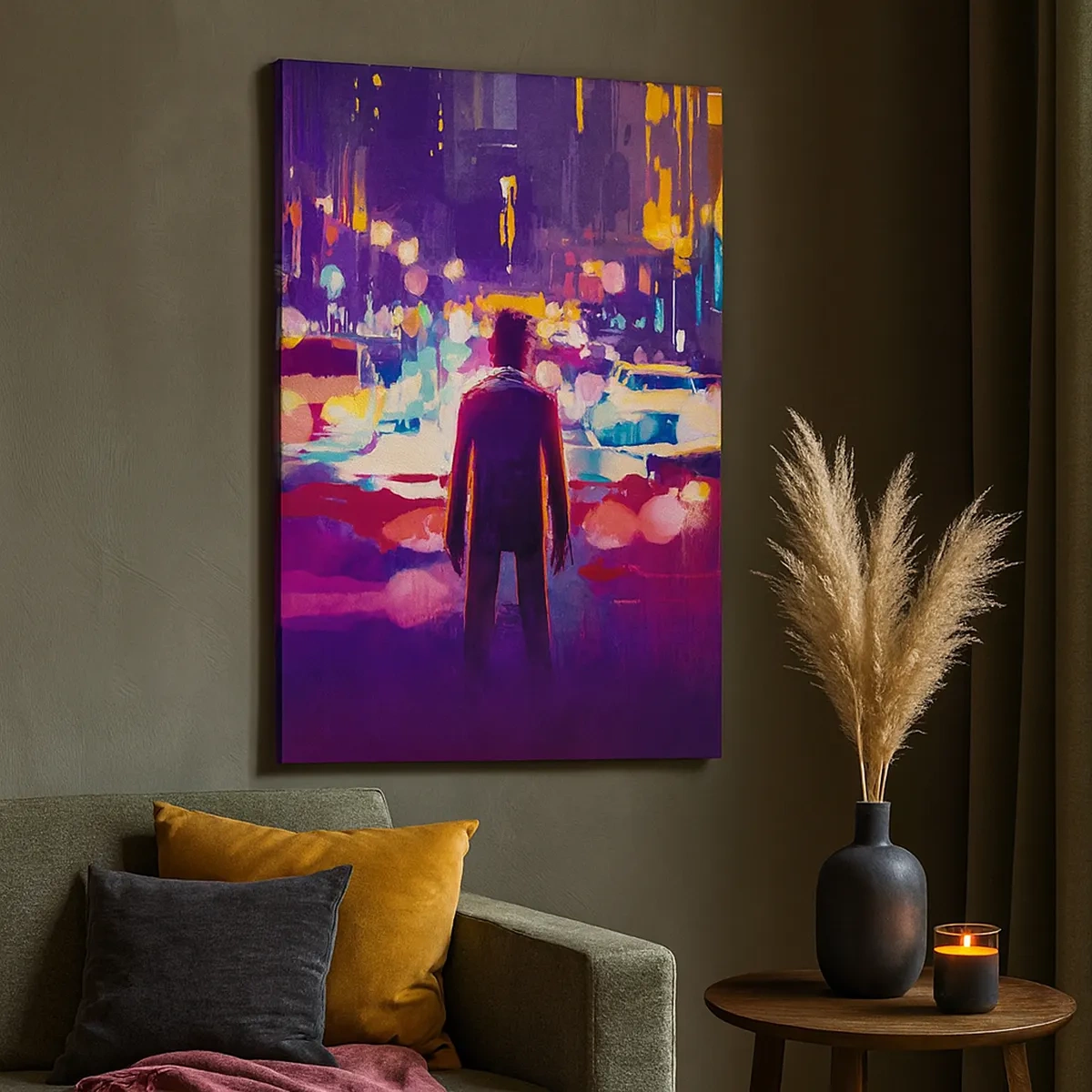 Impression sur toile - Image sur toile - Un homme dans une scène nocturne de ville au néon - 50x70cm - Immergé dans la lumière - Décoration murale moderne pour le salon et la chambre ARTTOR