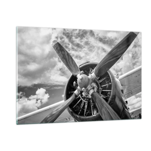 Impression sur verre - Image sur verre - Gros plan d'une hélice d'avion en noir et blanc. - 120x80cm - Dompteur de ciel - Décoration murale moderne pour le salon et la chambre ARTTOR