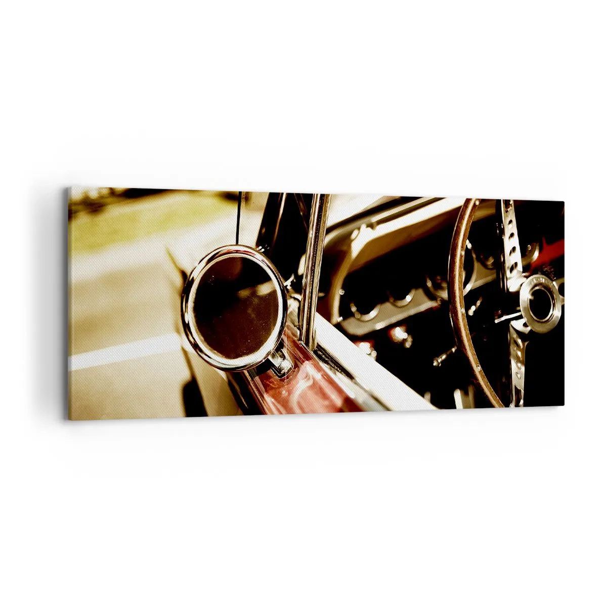 Impression sur toile - Image sur toile - Gros plan du miroir et de l'intérieur d'une voiture rétro classique - 120x50cm - Auto avec une âme - Décoration murale moderne pour le salon et la chambre ARTTOR