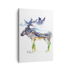 Impression sur toile - Image sur toile - Silhouette aquarelle d'un élan avec un paysage de montagne - 50x70cm - Le héros d'un conte d'hiver - Décoration murale moderne pour le salon et la chambre ARTTOR