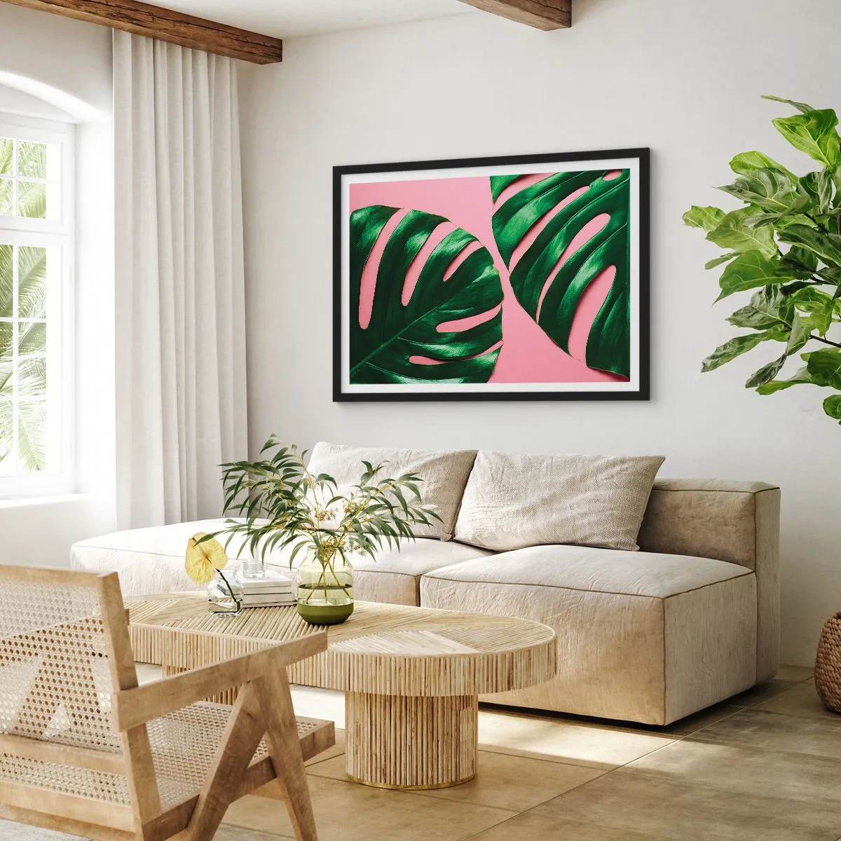 Affiche dans un cadre noir - Poster - Feuilles de monstera vertes sur fond rose - 100x70cm - Rendez-vous vert - Décoration murale moderne pour le salon et la chambre ARTTOR