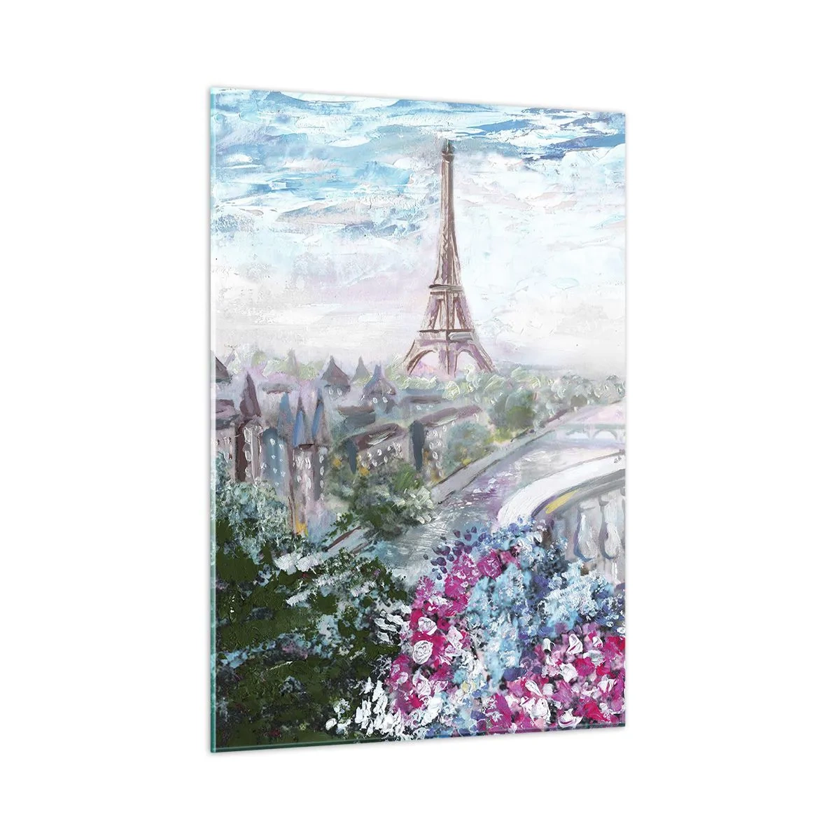 Impression sur verre - Image sur verre - Illustration d'une vue de la Tour Eiffel avec un balcon rempli de fleurs - 50x70cm - C'est le plus beau ici en mai - Décoration murale moderne pour le salon et la chambre ARTTOR