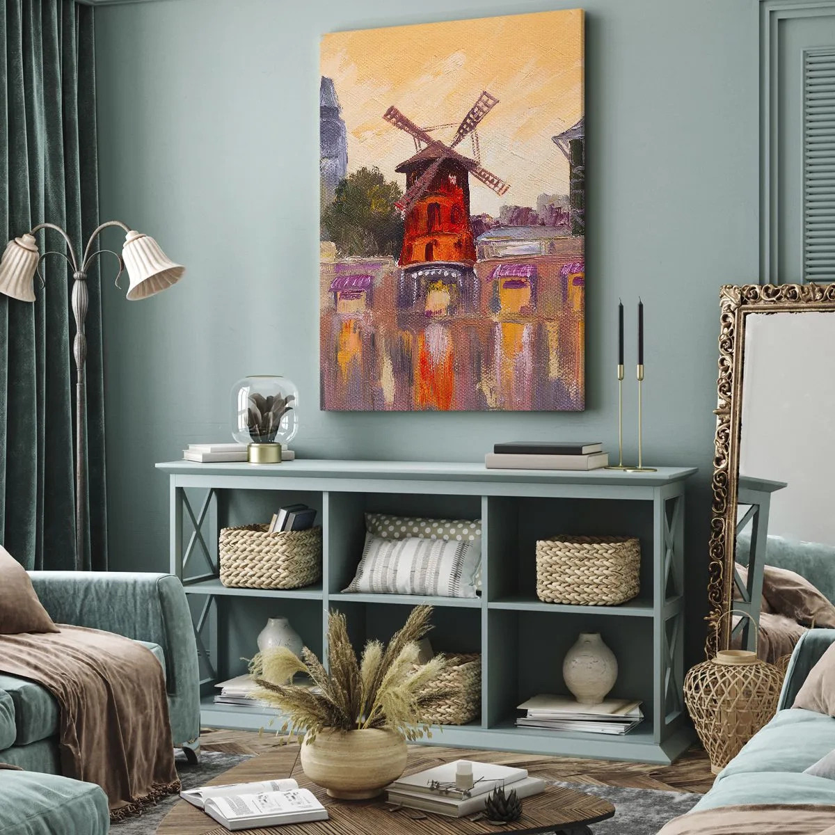 Impression sur toile - Image sur toile - Le moulin à vent rouge du Moulin Rouge entouré par le paysage urbain - 70x100cm - Icones parisiennes – le Moulin rouge - Décoration murale moderne pour le salon et la chambre ARTTOR