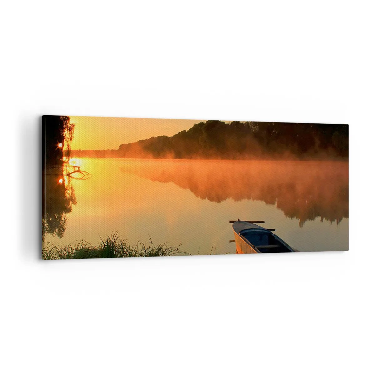 Impression sur toile - Image sur toile - Brouillard matinal sur la rivière avec un bateau sous les rayons du soleil - 120x50cm - Lever du soleil sur l'eau comme un miroir - Décoration murale moderne pour le salon et la chambre ARTTOR