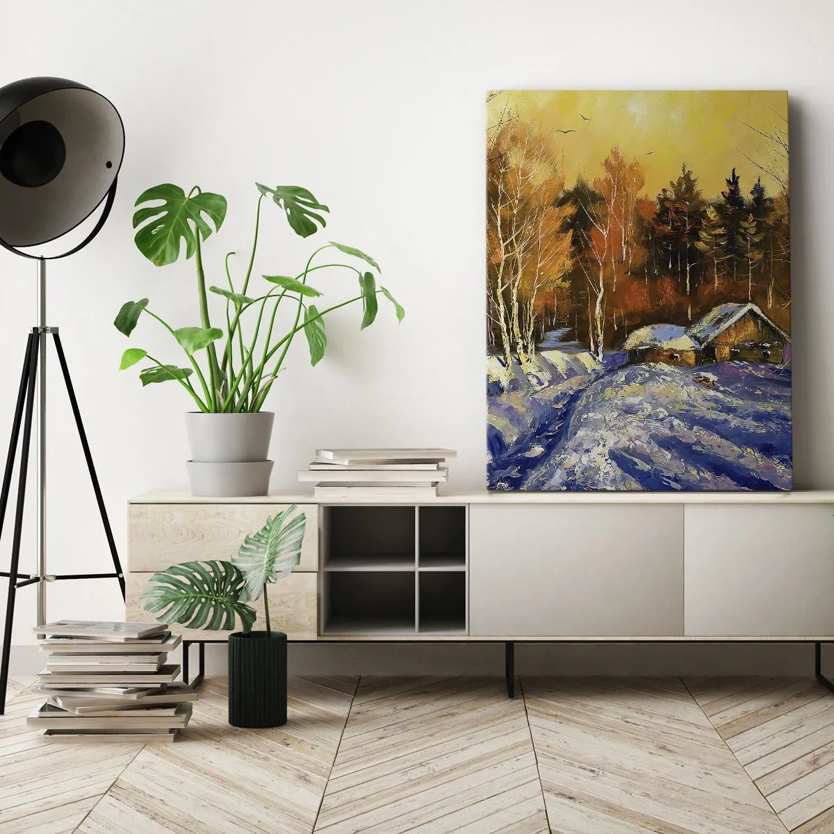 Impression sur toile - Image sur toile - Paysage d'hiver avec une maison à la lumière du soleil couchant - 70x100cm - Impression d'hiver au soleil - Décoration murale moderne pour le salon et la chambre ARTTOR