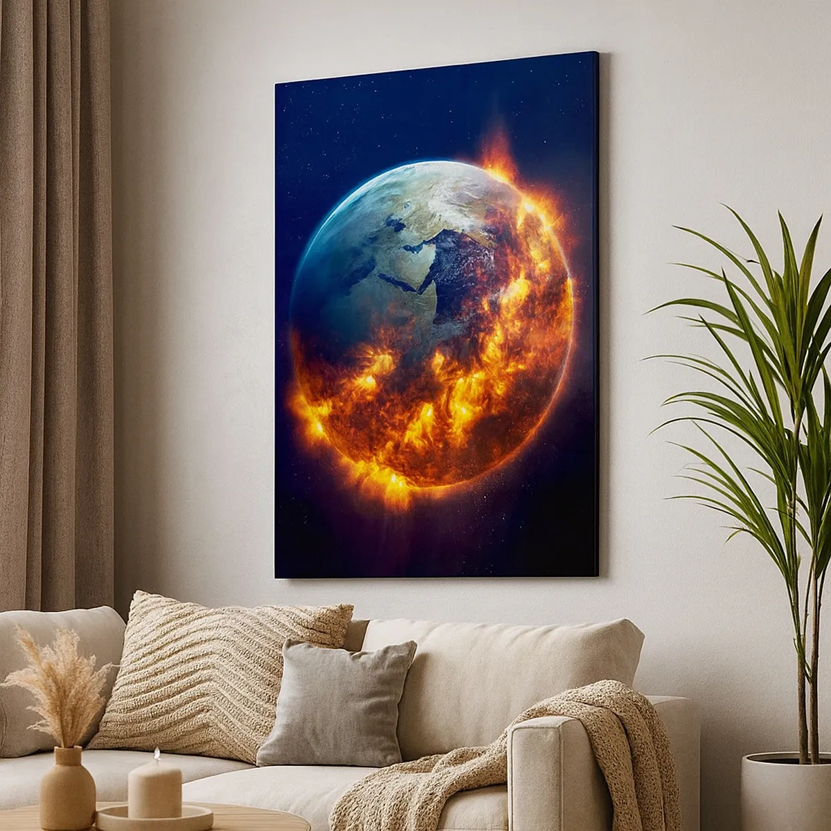 Impression sur toile - Image sur toile - La planète Terre en feu dans l'espace - 50x70cm - La flamme de l'apocalypse - Décoration murale moderne pour le salon et la chambre ARTTOR
