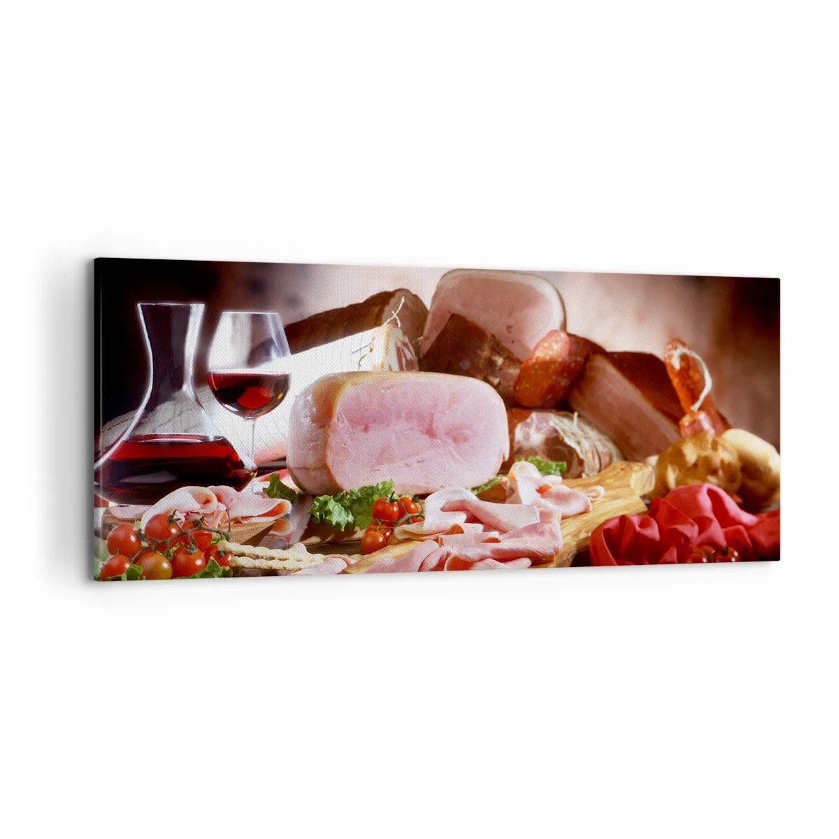 Impression sur toile - Image sur toile - Charcuterie au vin sur fond rustique - 120x50cm - Un rêve culinaire avec une carafe - Décoration murale moderne pour le salon et la chambre ARTTOR
