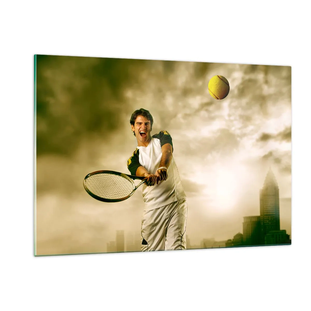 Impression sur verre - Image sur verre - Un joueur de tennis frappe la balle avec en arrière-plan une ville - 120x80cm - Énergie et joie - Décoration murale moderne pour le salon et la chambre ARTTOR