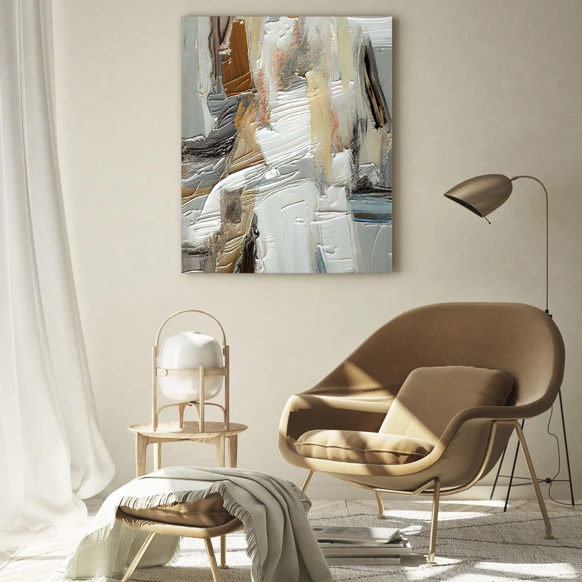 Impression sur verre - Image sur verre - Abstraction texturale dans des tons terre et blanc - 80x120cm - Couches colorées - Décoration murale moderne pour le salon et la chambre ARTTOR