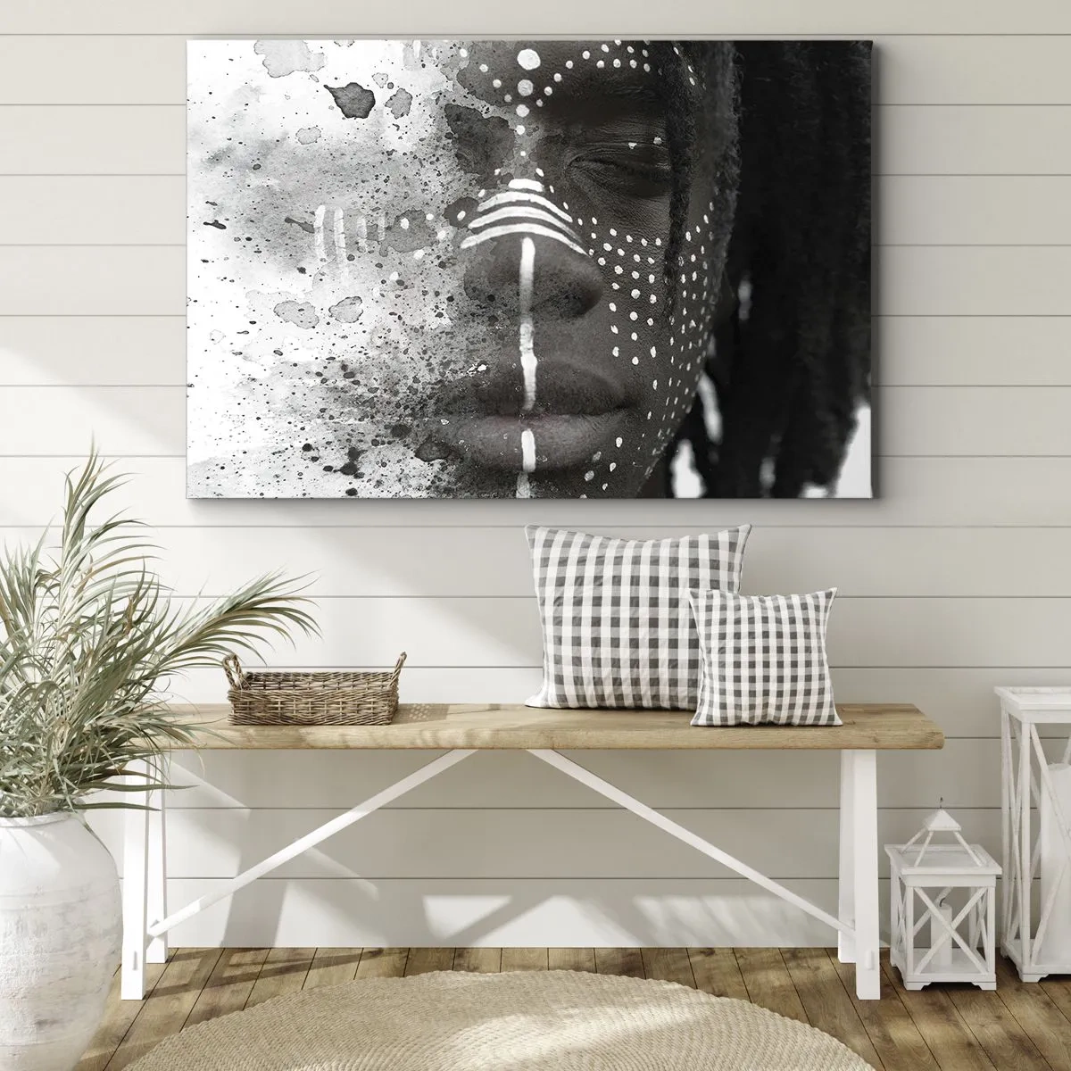 Impression sur toile - Image sur toile - Portrait de visage artistique avec des motifs blancs abstraits - 100x70cm - Découvrez l'esprit primal - Décoration murale moderne pour le salon et la chambre ARTTOR