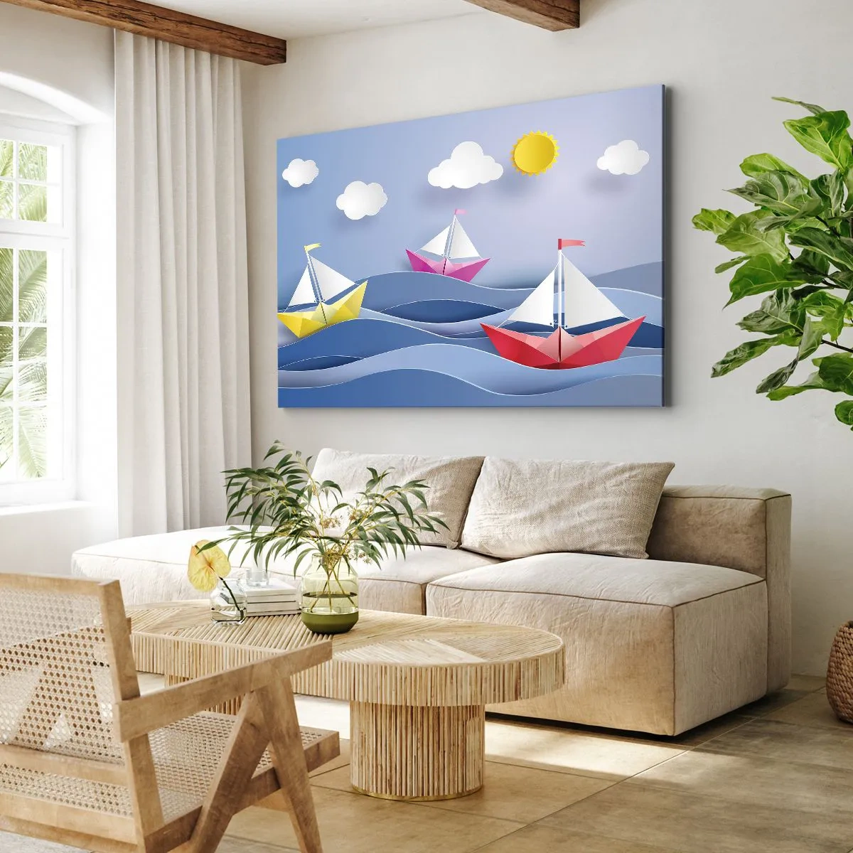 Impression sur toile - Image sur toile - Voiliers colorés sur les vagues par une journée ensoleillée - 120x80cm - Ah qu'il est agréable de se balancer dans les vagues - Décoration murale moderne pour le salon et la chambre ARTTOR